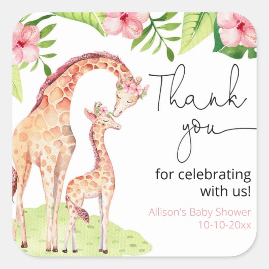 Giraffe safari tropisch meisje verlaat baby shower vierkante sticker (Voorkant)