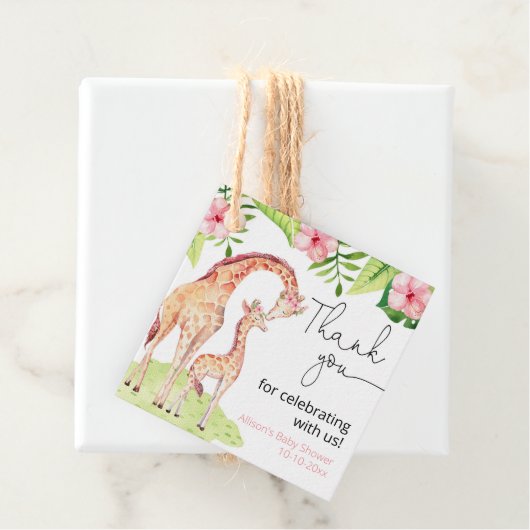 Giraffe safari tropisch roze groen baby shower bedankjes labels (In situ)