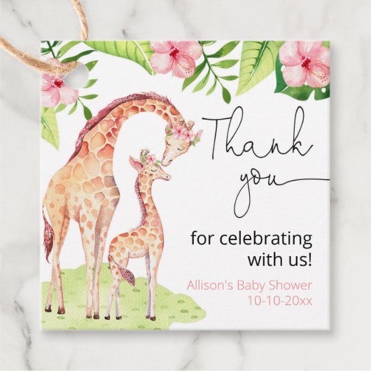 Giraffe safari tropisch roze groen baby shower bedankjes labels (Voorkant)