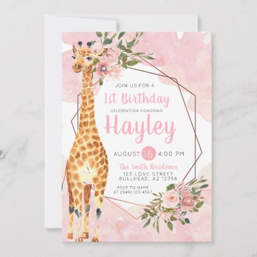 Giraffe Safari Waterverf Birthday Uitnodiging (Voorkant)