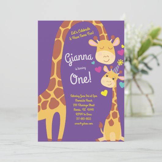 Giraffe Schattigee Kinder 1e verjaardag Uitnodigin Kaart (Staand voorkant)