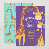Giraffe Schattigee Kinder 1e verjaardag Uitnodigin Kaart (Voorkant / Achterkant)