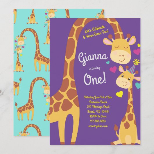 Giraffe Schattigee Kinder 1e verjaardag Uitnodigin Kaart (Voorkant / Achterkant)