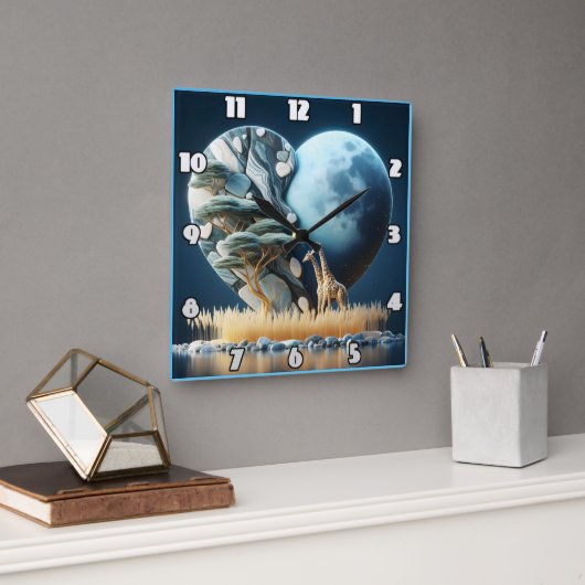 Giraffe staart naar een sereen hartvormig landscha vierkante klok (Kantoor)