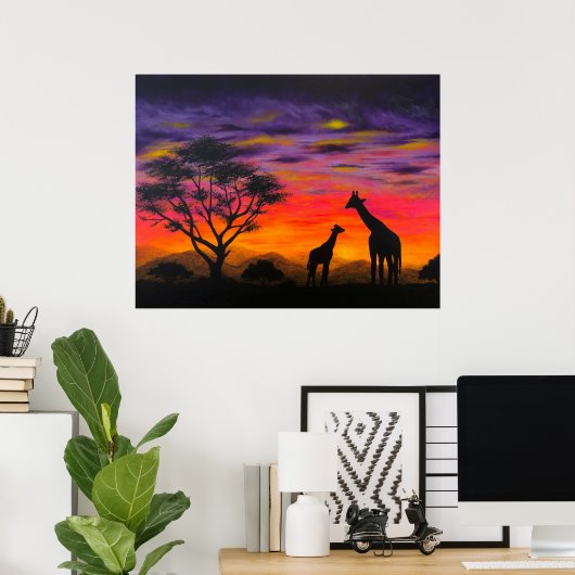"Giraffe Sunset" Giraffe Schilderachtig Poster Pri (Thuiskantoor)