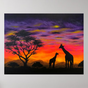 "Giraffe Sunset" Giraffe Schilderachtig Poster Pri