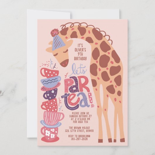 Giraffe Tea Party Kids Verjaardagsfeestuitnodiging Kaart (Voorkant)