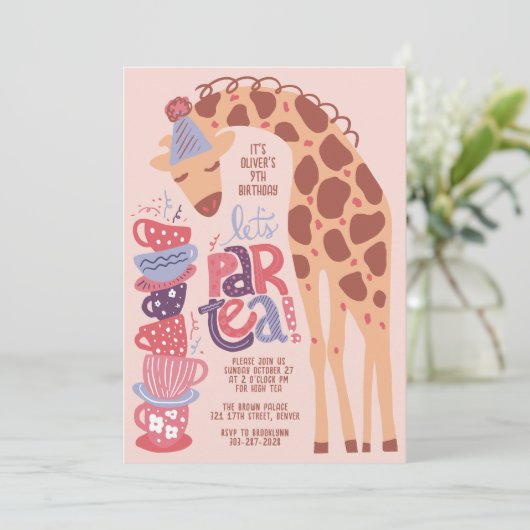 Giraffe Tea Party Kids Verjaardagsfeestuitnodiging Kaart (Staand voorkant)