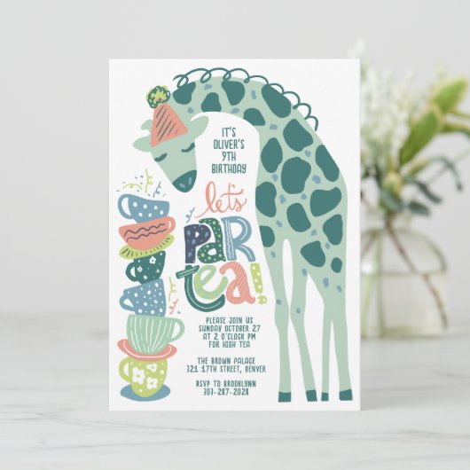 Giraffe Tea Party Kids Verjaardagsfeestuitnodiging Kaart (Staand voorkant)