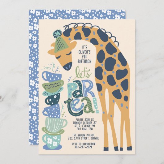 Giraffe Tea Party Kids Verjaardagsfeestuitnodiging Kaart (Voorkant / Achterkant)