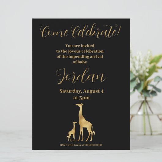 Giraffe Thema Baby shower Zwart en Goud Kaart (Staand voorkant)