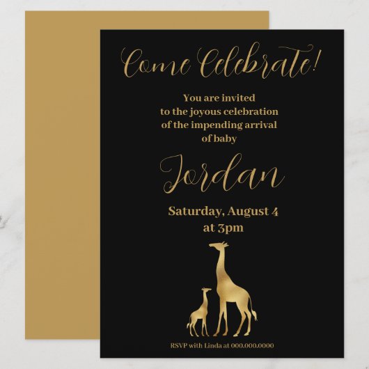 Giraffe Thema Baby shower Zwart en Goud Kaart (Voorkant / Achterkant)