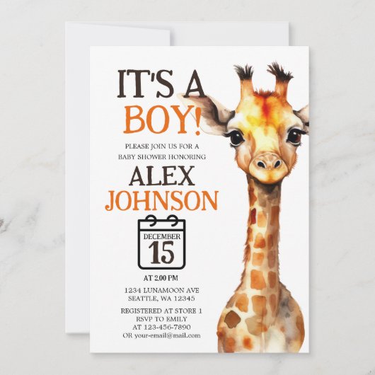 Giraffe thema Safari Baby shower Kaart (Voorkant)