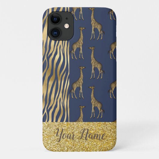 Giraffe & tijger - Gold Glitter Blue Name Case-Mate iPhone Case (Achterkant)