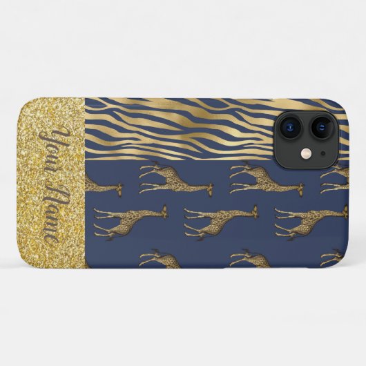 Giraffe & tijger - Gold Glitter Blue Name Case-Mate iPhone Case (Achterkant (horizontaal))