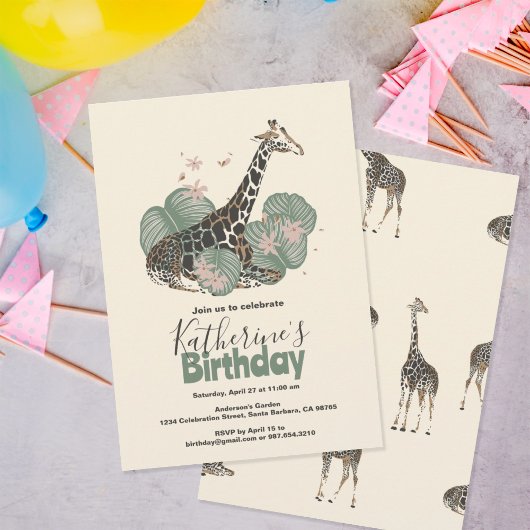 Giraffe Tropical Greenery Animal Birthday Party  Kaart