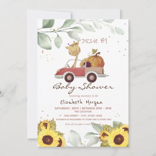 Giraffe Truck Sunflower Pumpkin Drive Baby shower Kaart (Voorkant)