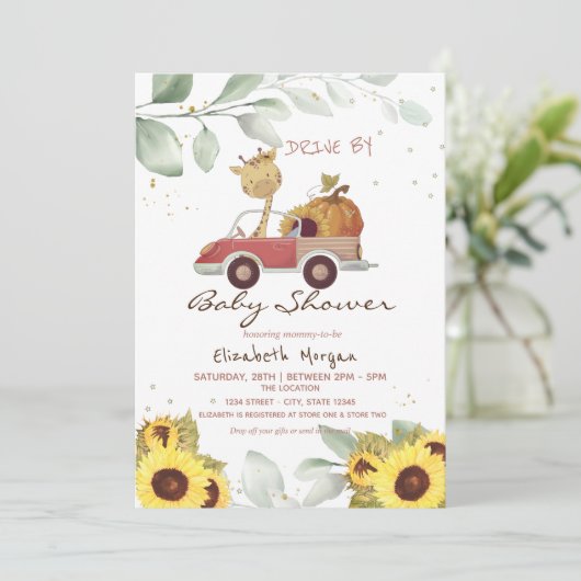 Giraffe Truck Sunflower Pumpkin Drive Baby shower Kaart (Staand voorkant)