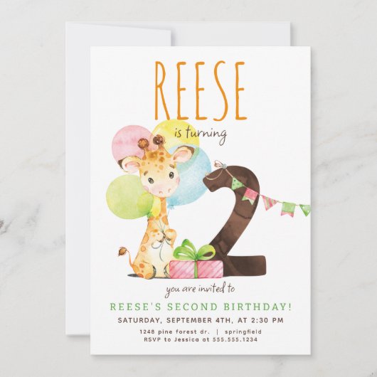 Giraffe Tweede Verjaardagsfeestuitnodiging Kaart (Voorkant)