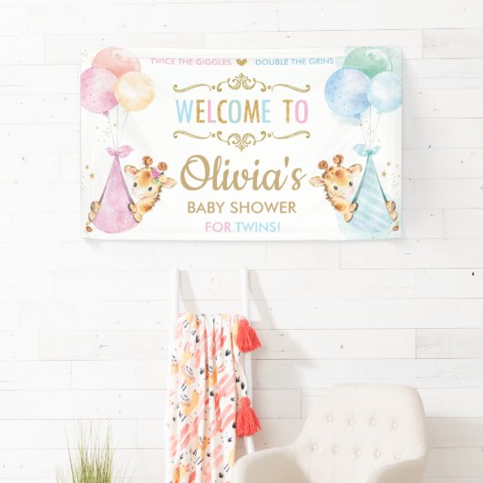 Giraffe Twin Boy Meisje Baby shower Welkom Achterg Spandoek (Insitu)
