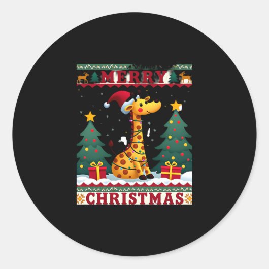 Giraffe Ugly Christmas Sweaters Funny Santa Hat Li Ronde Sticker (Voorkant)