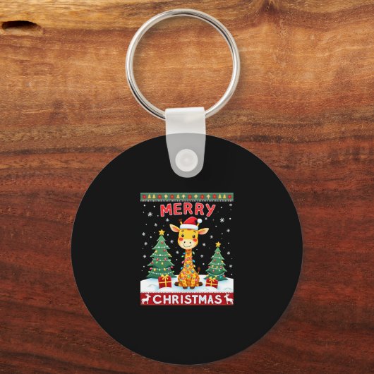 Giraffe Ugly Christmas Sweaters Funny Santa Hat Li Sleutelhanger (Voorkant)