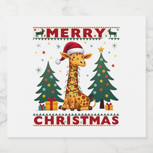 Giraffe Ugly Christmas Sweaters Funny Santa Hat Li Sparkling Wijnetiket (Enkel label)