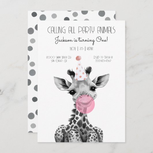 Giraffe - uitnodiging voor een zwarte en witte ver (Voorkant / Achterkant)