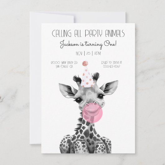 Giraffe - uitnodiging voor een zwarte en witte ver (Voorkant)