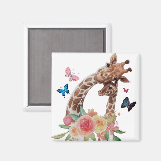Giraffe van baby en moeder met botervliegen magneet (Voorkant / Achterkant)