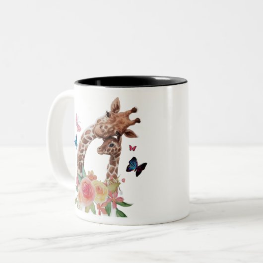 Giraffe van baby en moeder met botervliegen tweekleurige koffiemok (Voorkant links)