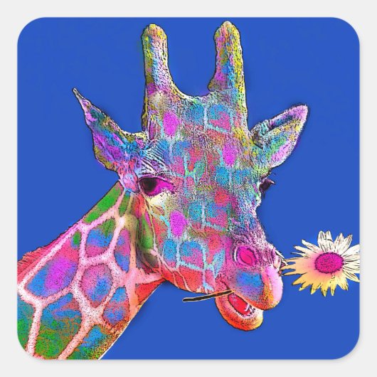 Giraffe van Vele Kleuren met Bloem Vierkante Sticker (Voorkant)