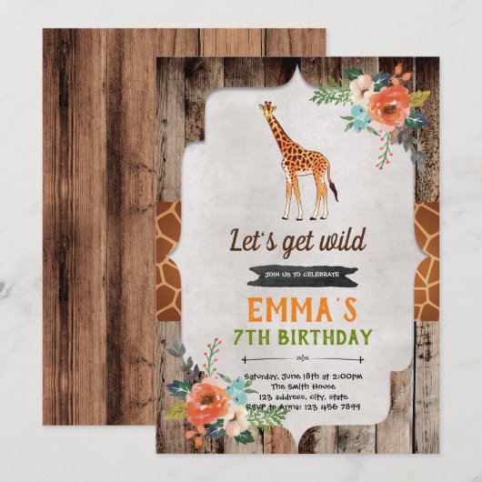 Giraffe verjaardagsfeestje uitnodiging (Voorkant / Achterkant)