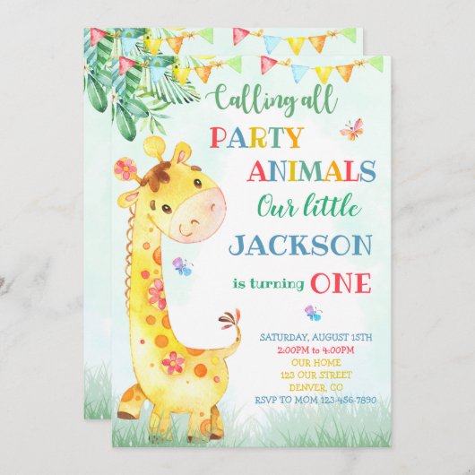 Giraffe verjaardagsuitnodiging Safari uitnodiging (Voorkant / Achterkant)