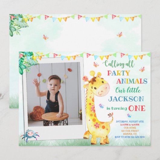 Giraffe verjaardaguitnodiging Foto safari nodig Kaart (Voorkant / Achterkant)