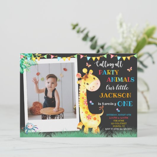 Giraffe verjaardaguitnodiging Foto safari nodig Kaart (Staand voorkant)
