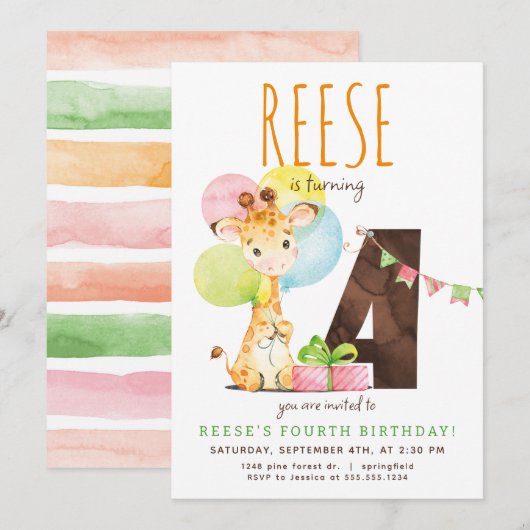 Giraffe Vierde Verjaardagsfeestuitnodiging Kaart (Voorkant / Achterkant)