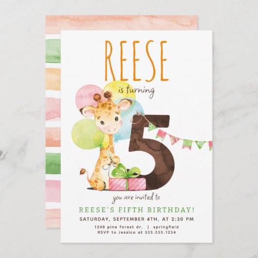Giraffe Vijfde Verjaardagsfeestuitnodiging Kaart (Voorkant / Achterkant)