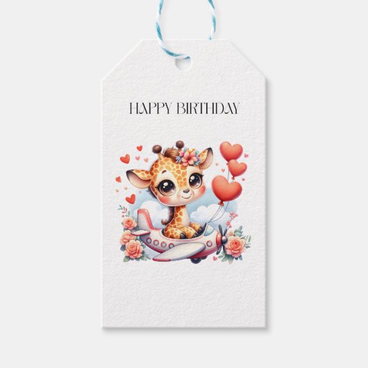 Giraffe Vliegtuig Verjaardag Cadeaulabel (Voorkant)