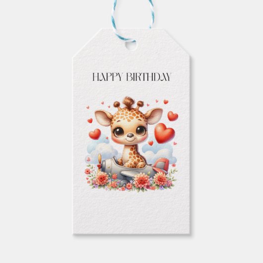 Giraffe Vliegtuig Verjaardag Cadeaulabel (Voorkant)