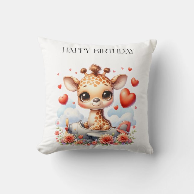 Giraffe Vliegtuig Verjaardag Kussen (Voorkant)