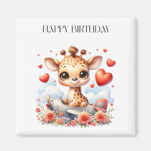 Giraffe Vliegtuig Verjaardag Magneet (Voorkant)