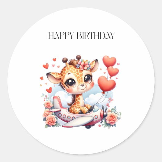 Giraffe Vliegtuig Verjaardag Ronde Sticker (Voorkant)