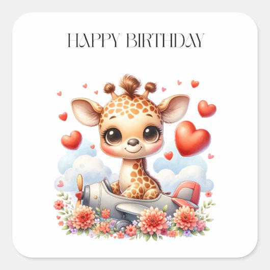 Giraffe Vliegtuig Verjaardag Vierkante Sticker (Voorkant)