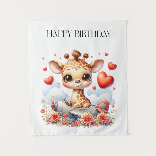 Giraffe Vliegtuig Verjaardag Wandkleed (Voorkant)