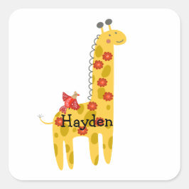 Giraffe & Vogel Bloemen Geel Rood Aangepaste Naam Vierkante Sticker