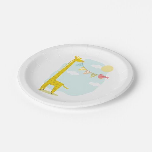 Giraffe + Vogelneutraal Baby shower Papieren Bordje (Gekanteld)