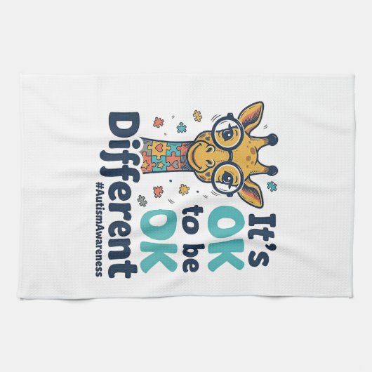 Giraffe voor Autisme Bewustzijn Het is OK om Versc Theedoek (Horizontaal)