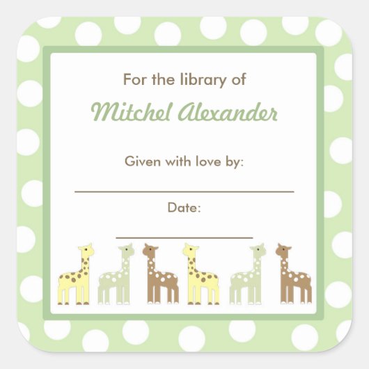 Giraffe Vrienden Baby shower Bookplate boek bord Vierkante Sticker (Voorkant)
