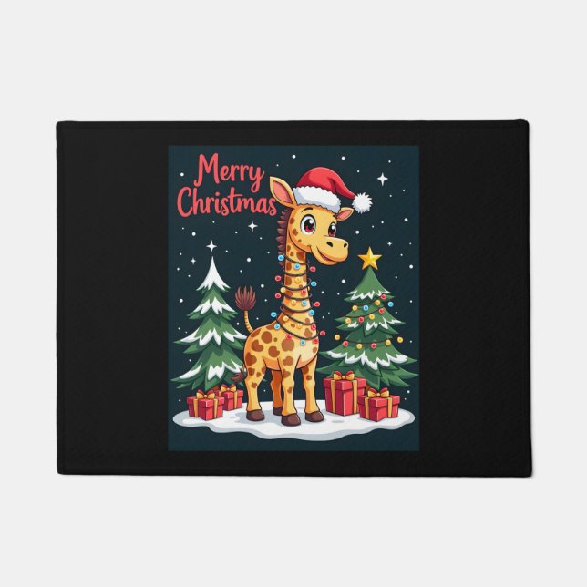 Giraffe Vrolijk Kerstboom Verlichting Santa Giraff Deurmat (Voorkant)